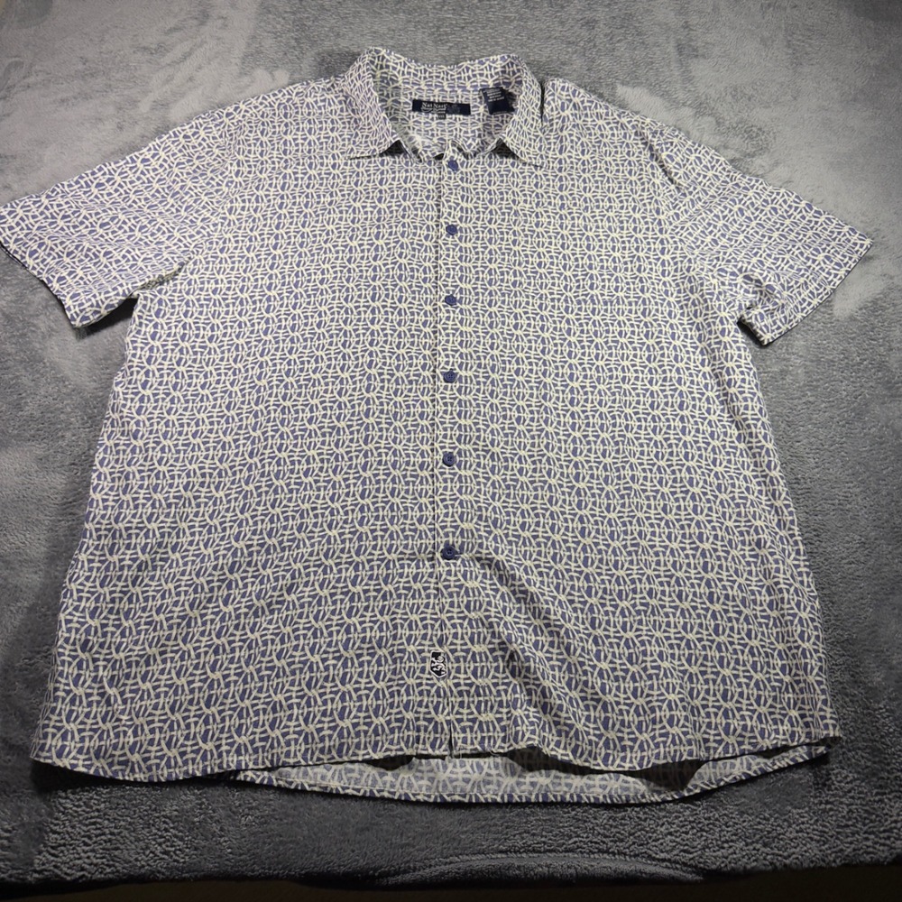 Nat Nast Luxury Originals Mens XXL Silk Blend Blue Geometric Short Sleeve Shirt